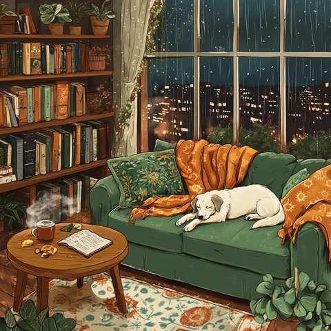 绿色沙发角落夜晚雨景