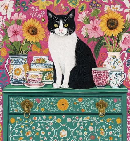 黑白猫与绿箱花饰静物