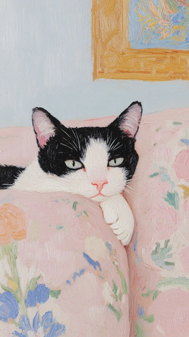 黑白猫咪坐花纹沙发