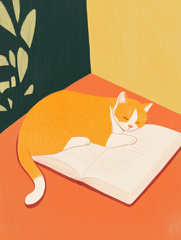 猫咪蜷缩书旁插画