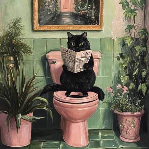 黑猫坐马桶读报纸
