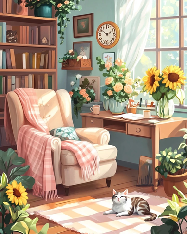 温馨办公室鲜花植物猫咪