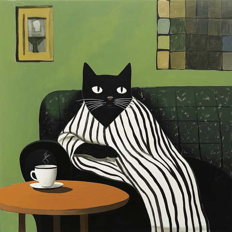 黑猫穿披风躺绿色沙发