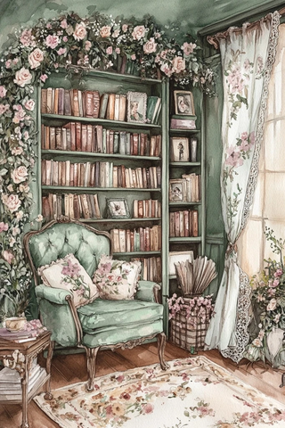 花瓣书架蕾丝窗帘图书馆