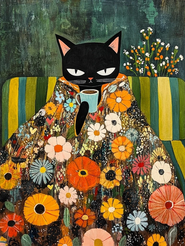 黑猫穿大衣坐沙发喝咖啡