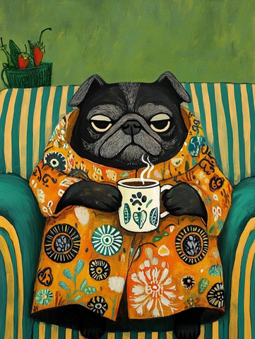 穿着大衣的怒犬喝咖啡