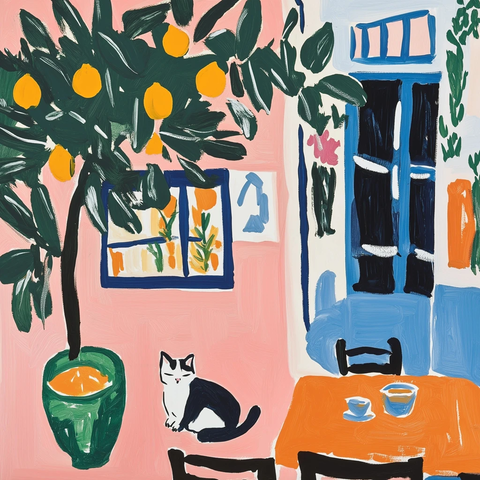 咖啡店街景与柠檬树猫