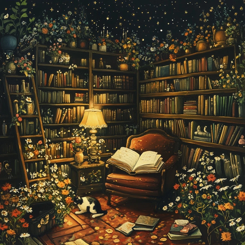 书本椅子花朵猫咪阅读