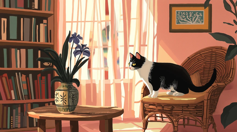 黑白猫与鸢尾花静物画