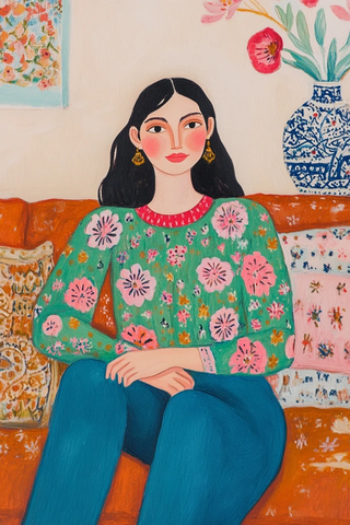 绿粉上衣蓝裤女子沙发坐