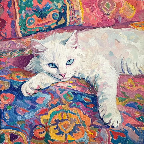 白猫蓝眼躺摩洛哥地毯