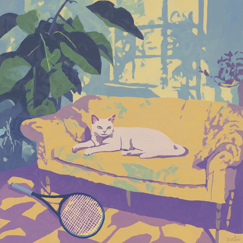 猫躺沙发旁有网球拍