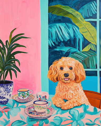 卡瓦多尔狗品茶马蒂斯风格画