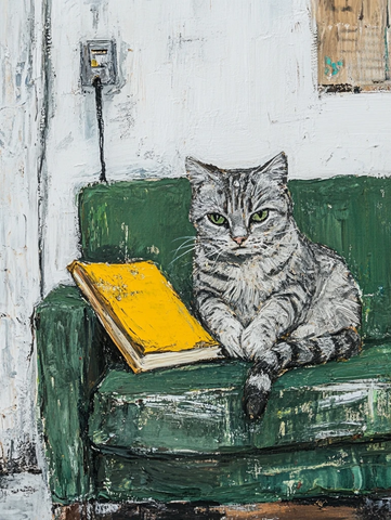 银灰条纹猫坐绿色沙发