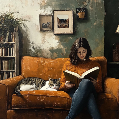 女人读书猫陪伴