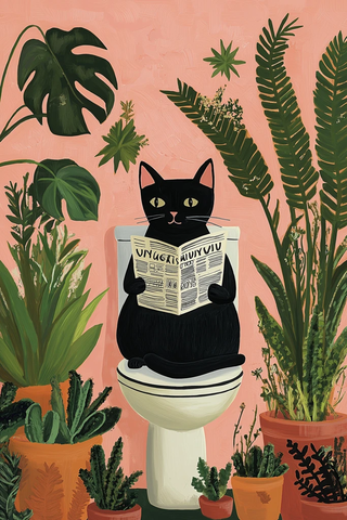 黑猫读报坐马桶盆栽环绕