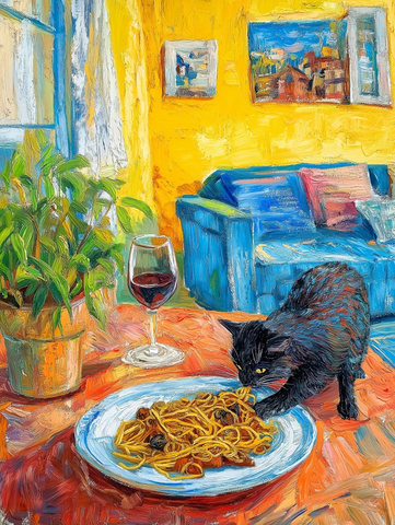 猫偷吃意面打翻酒杯