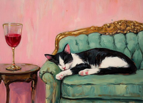 黑白猫睡绿沙发粉色房间