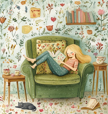 女子躺椅读书伴猫闲适