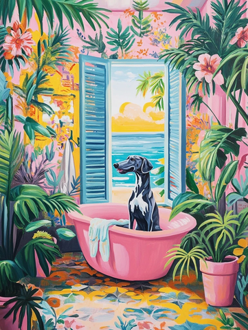 热带植物浴室与粉色浴缸