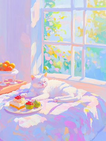 阳光窗边猫咪甜点静物