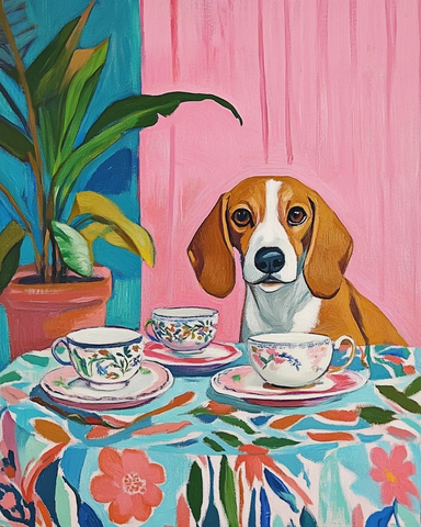 比格犬喝茶与热带图案