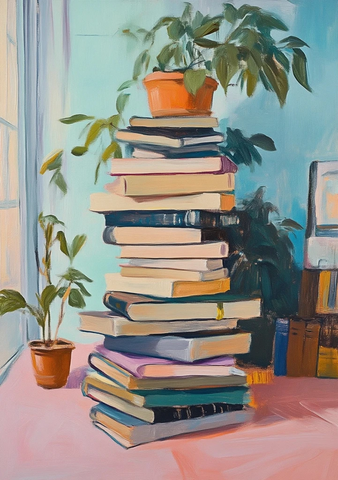 书堆与植物的温暖内景