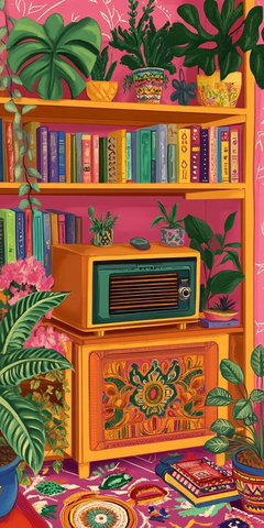 旧收音机与书本植物