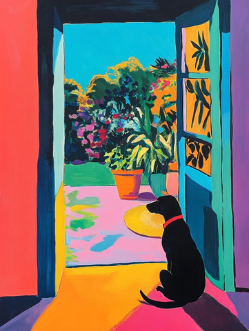 狗坐门口望花园