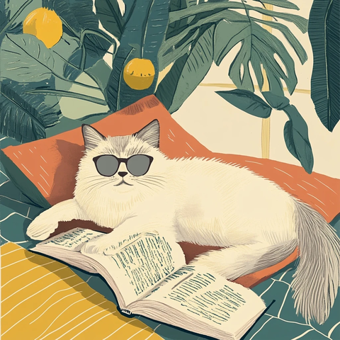 夏日猫与书插画