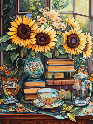 书本茶杯花卉温室插画