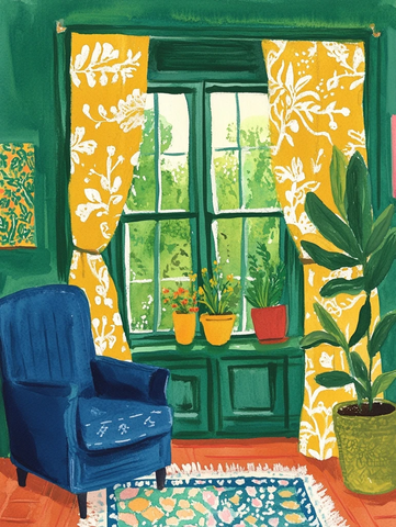 绿窗黄帘白花蓝椅多彩内饰