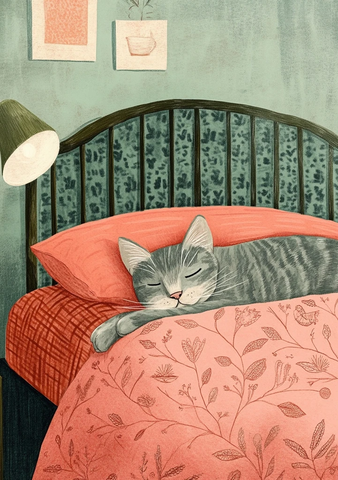 粉色床与绿色床头板和银灰猫