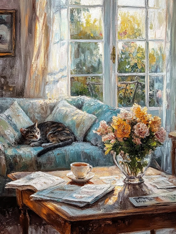 午后阳光下的客厅与猫