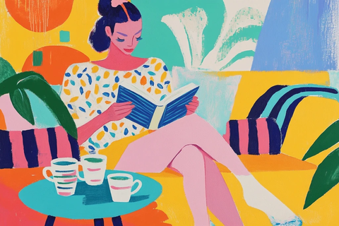 女子坐沙发读书咖啡杯相伴