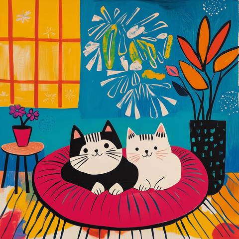 两只猫咪蜷缩圆垫上