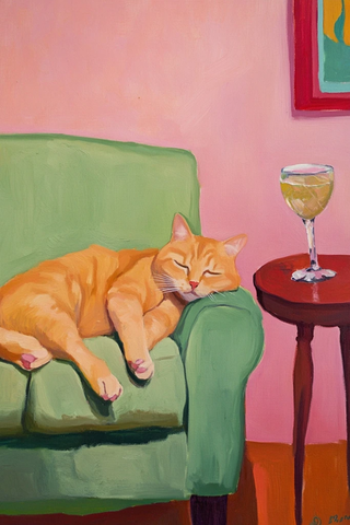 橘猫绿沙发粉墙红边