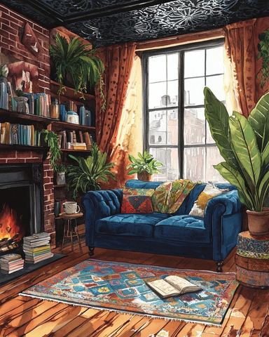 波西米亚风格客厅水彩插画