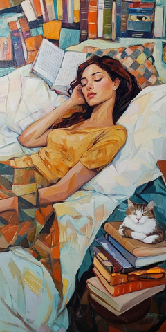 女人床上读书与猫