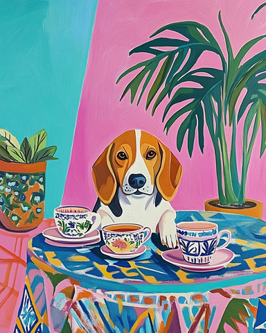 比格犬品茶与热带图案