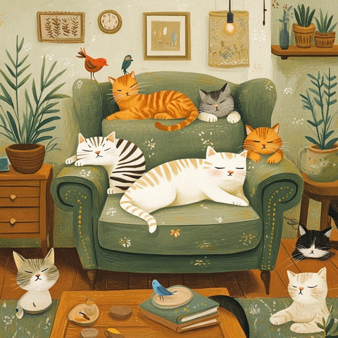 猫咪休息图沙发与咖啡桌