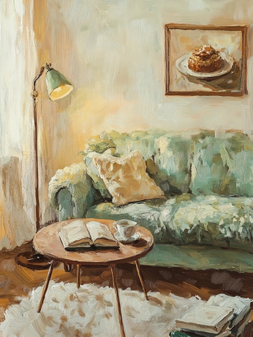 木纹油画沙发书本咖啡甜点