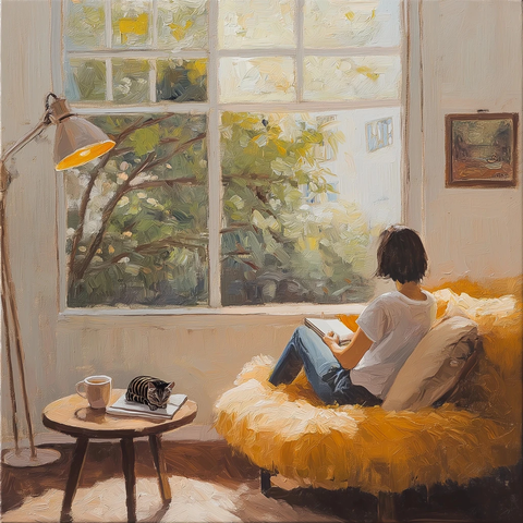 女士窗边绘画咖啡时光