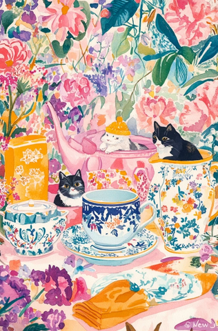 新欢袋与花茶犬猫插画