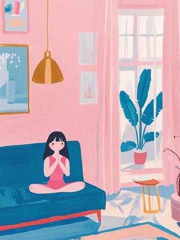 女孩家中瑜伽可爱插画