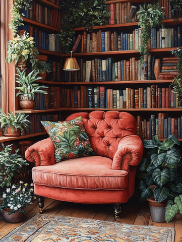 粉色扶手椅与植物书架