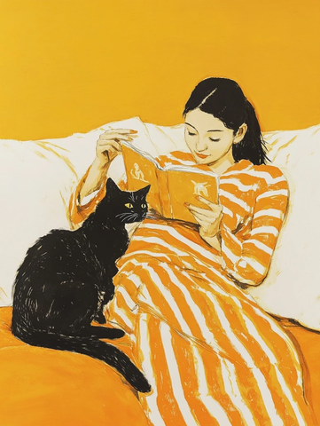 亚洲女子阅读猫伴沙发