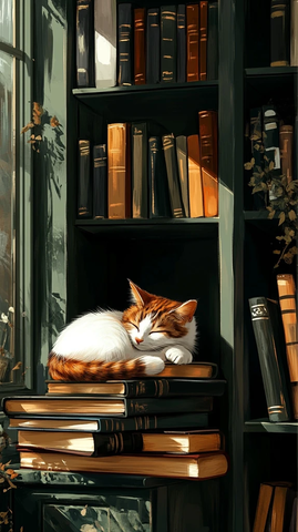 猫蜷缩书堆小憩