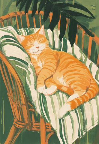 橘猫躺绿色条纹毯椅上