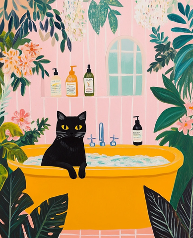 黑猫浴缸花卉绿植场景